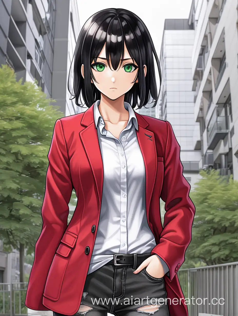 anime tall girl, full length, black short hair, green eyes, breast size 3,red business jacket, 20 years old, frowns, black business unripped jeans, student