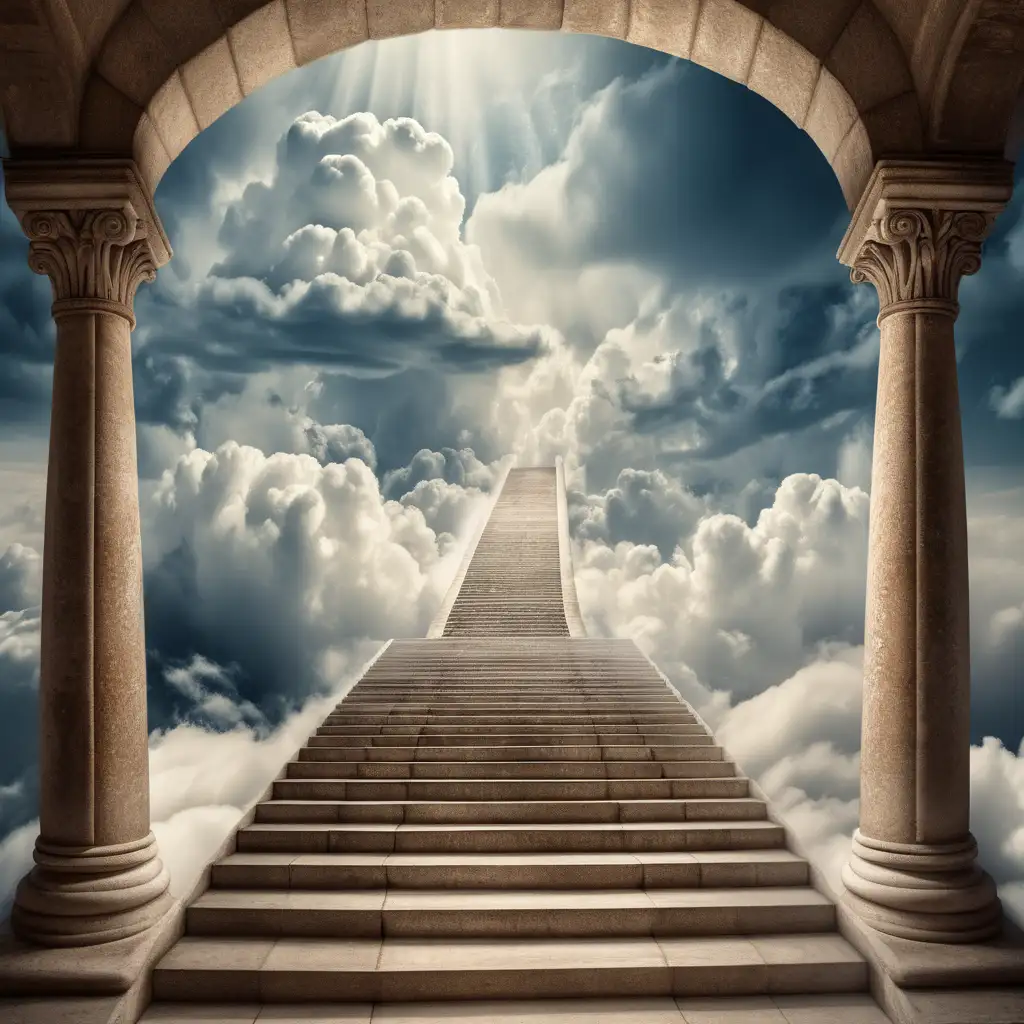 ancient, dreamy, dramatic stairway to heaven with clouds 
