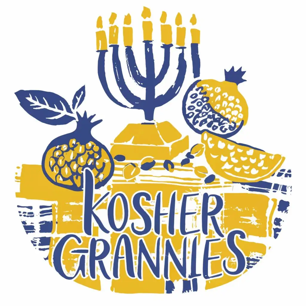 logo, Israel, yellow, blue, white, Menorah, Paul Klee, pomegranates in granny's clothes, on tablecloth, Jerusalem, with the text "Kosher Grannies", typography, be used in the automotive industry