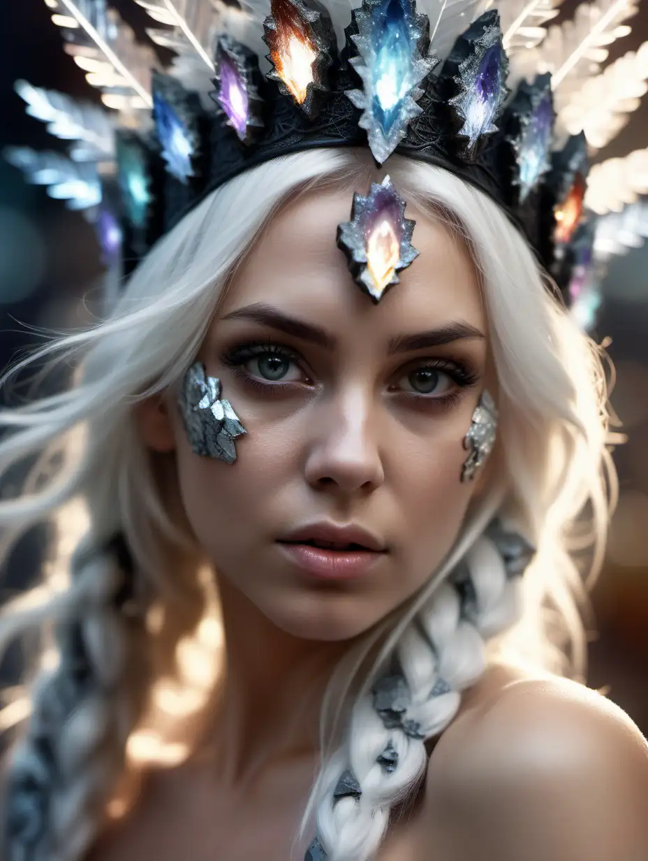 Beautiful Nordic woman, very attractive face, detailed eyes, big breasts, slim body, dark eye shadow, messy white hair, wearing a headdress covered with hundreds of intricately layered long geode shards of varying colors from the front of her head to the back of her head, close up, bokeh background, soft light on face, rim lighting, facing away from camera, looking back over her shoulder, photorealistic, very high detail, extra wide photo, full body photo, aerial photo