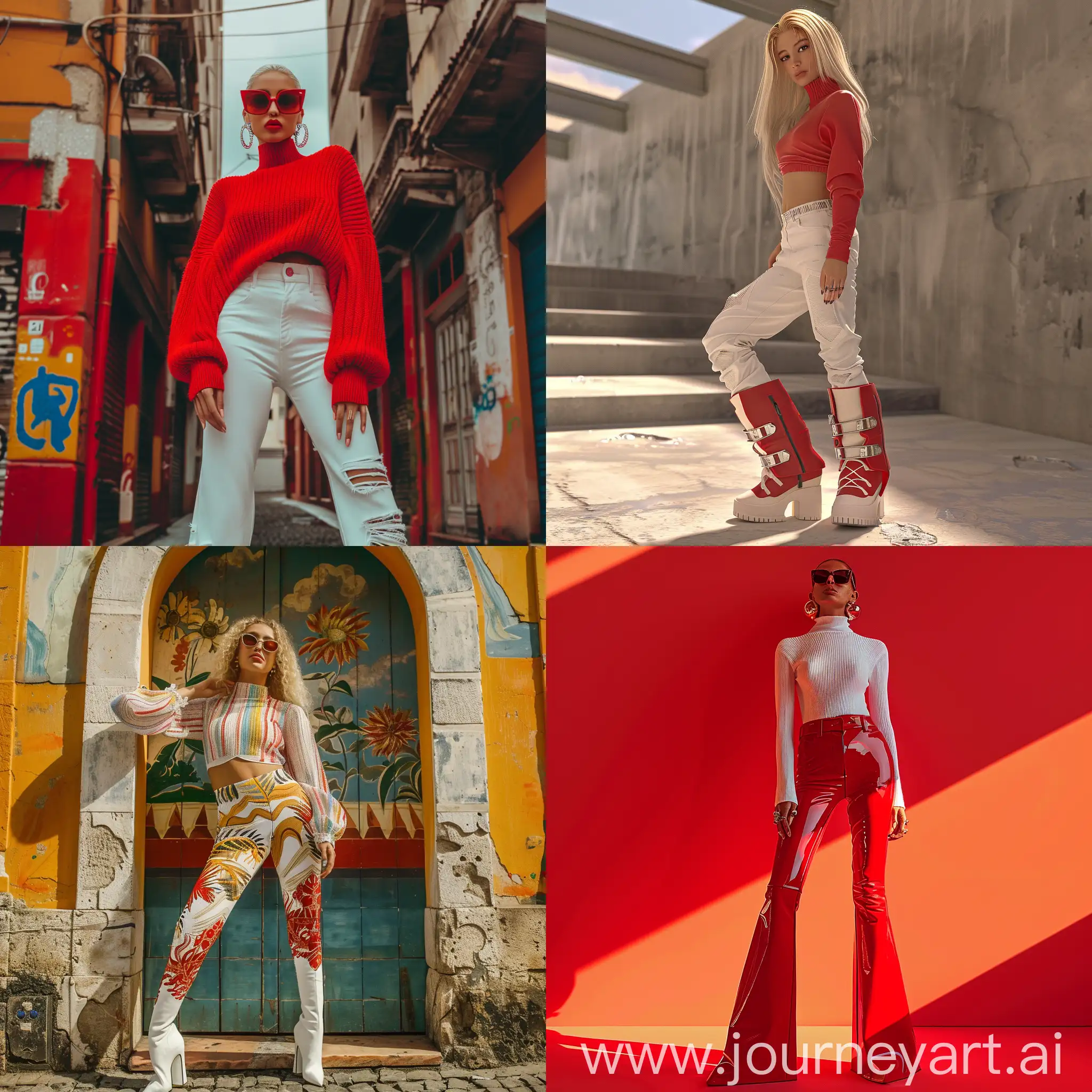 photo of a blonde high fashion woman wearing strips haute couture sweater, white straight pants, huge plastic solid earrings, real :: very tall red overknee boots :: Brasil streets,  sunny day, realistic, high quality, high definition