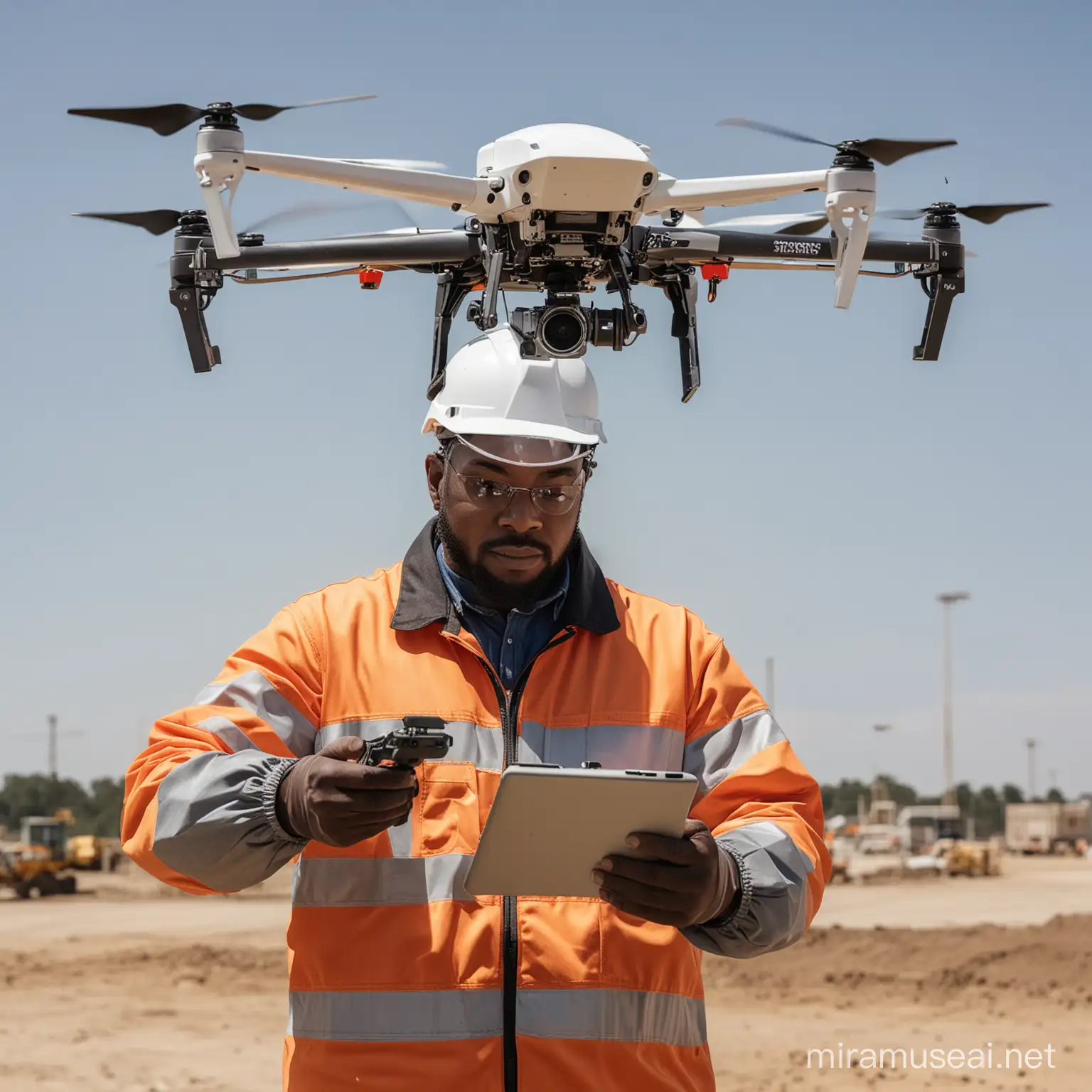 Technicien afroaméricain avec ses EPI en train de piloter un drone M250 sur un chantier. vu de derrière