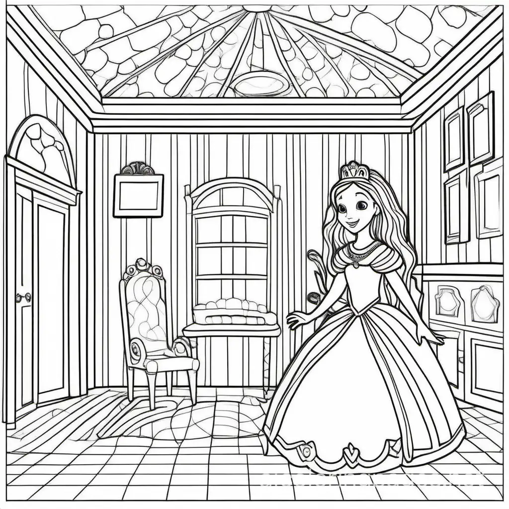 a princess wearing colorful dress and sitting a colorful room with 4 walls and a roof, Coloring Page, black and white, line art, white background, Simplicity, Ample White Space. The background of the coloring page is plain white to make it easy for young children to color within the lines. The outlines of all the subjects are easy to distinguish, making it simple for kids to color without too much difficulty