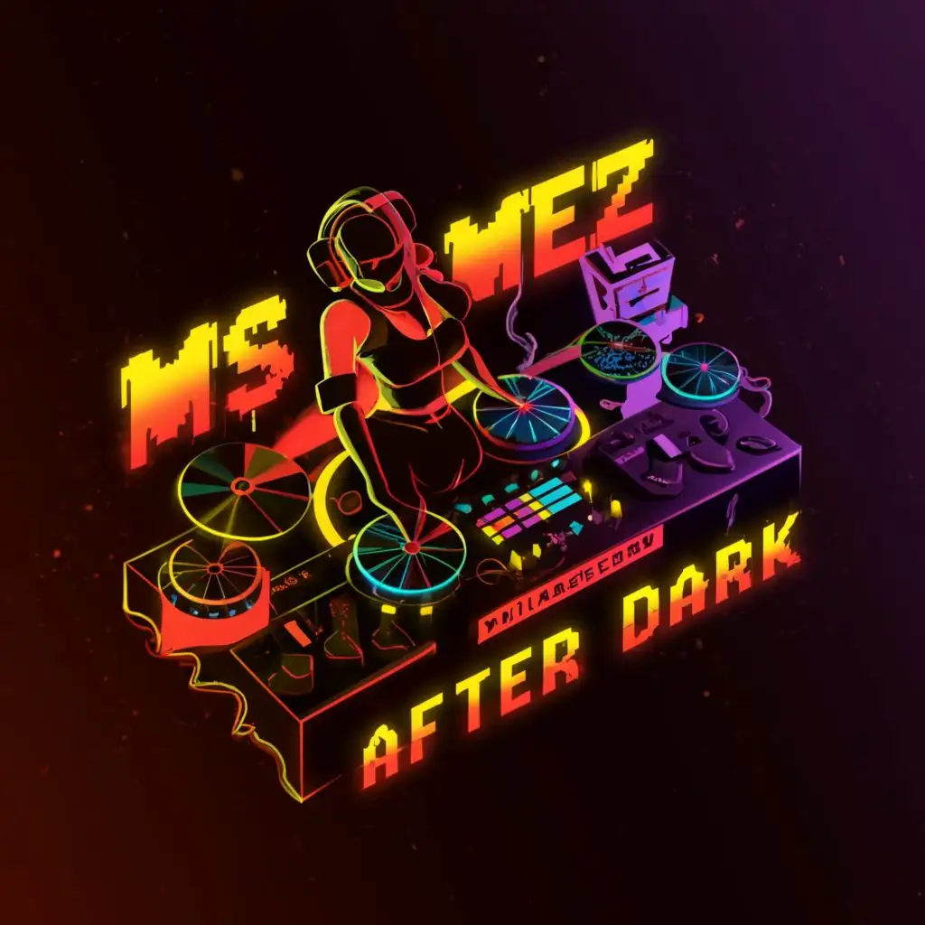 a logo design, with the text "MsFlamez After Dark", main symbol: gaming, dj silhouette of woman standing up, equipment, dj controller, music, soundwaves, dj, realistic fire flames, 3d, rose pink, yellow, red, neon, orange, glow Moderate, clear background
