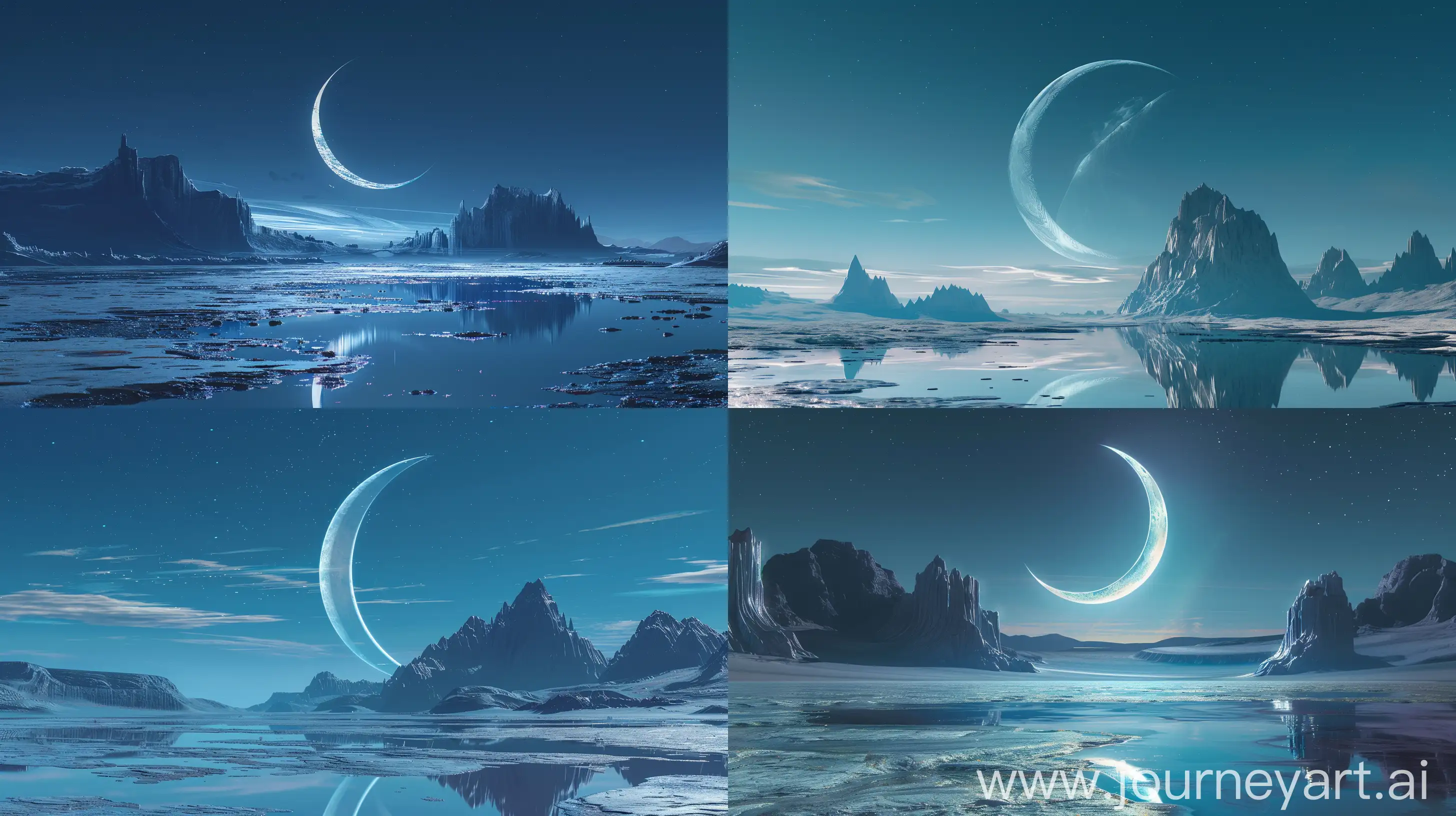 a serene alien landscape at night, dominated by a massive crescent moon. The scene is set on an extraterrestrial planet with a sweeping view of towering mountains and a reflective ice-like surface that might be mistaken for a tranquil sea or vast desert. The palette is a study in cool blues and silvers, suggesting the chill of an otherworldly evening. There should be an overwhelming sense of peace and isolation, where the only witness to the scene might be the viewer. The composition should be wide and open, with a clear, starless sky that allows the crescent moon to be the focal point, casting its gentle light across the landscape. The image should have a crystal-clear quality, high contrast, and thoughtful use of negative space that could suit a sci-fi movie poster or a gallery of futuristic concept art --ar 16:9