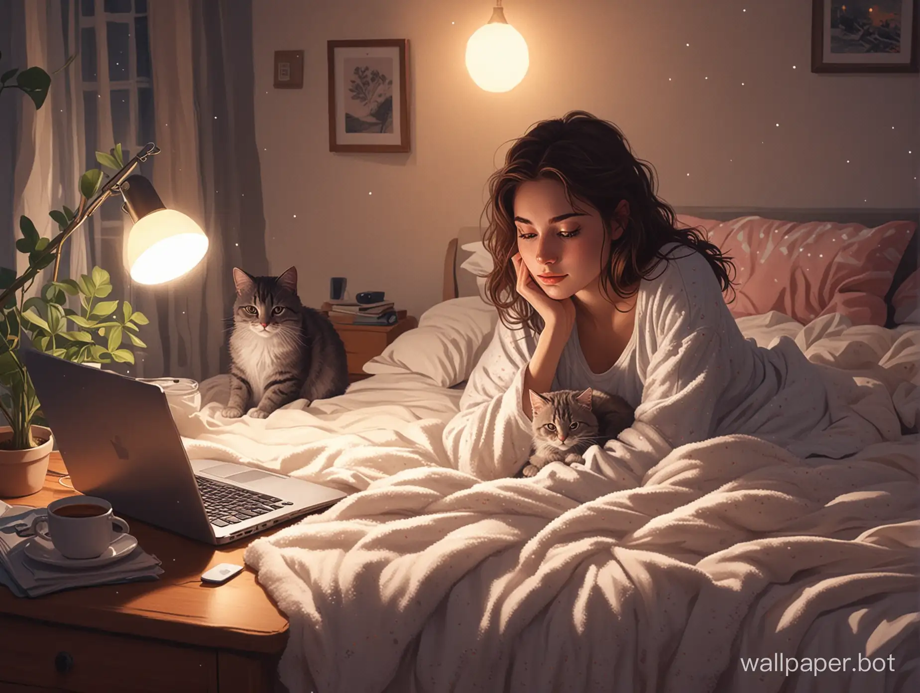 A captivating illustration of a young woman in her 20s, working on her laptop while lying in bed at night. She is engrossed in her work, wearing cozy pajamas and a fuzzy blanket. Soft lo-fi music plays in the background, creating a calming atmosphere. A curious cat sits nearby, observing her intently. The room is dimly lit, with a warm and inviting ambiance., illustration, painting