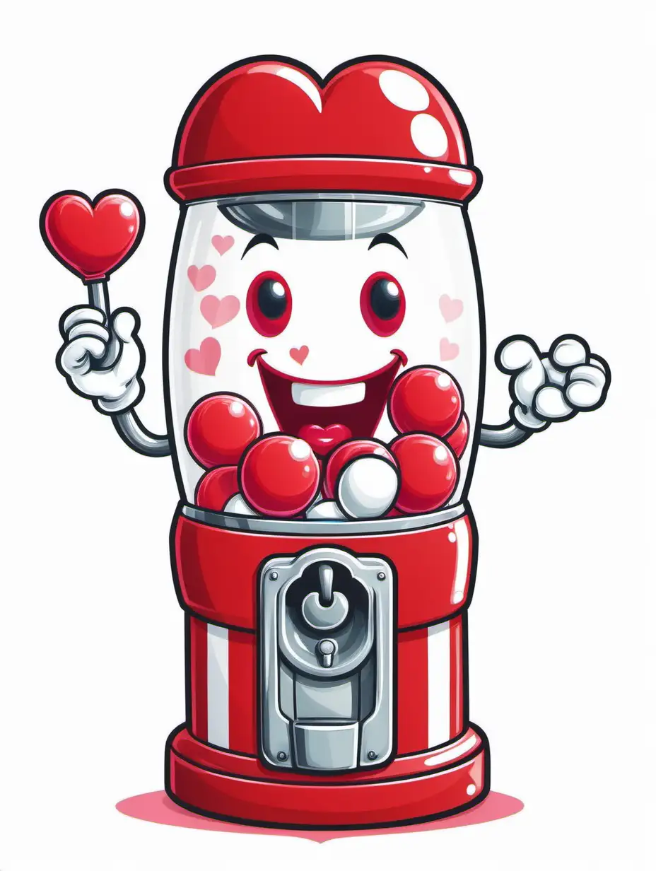 create an illustration of a cartoon red and white bubblegum machine character, hearts, smiling, white background
