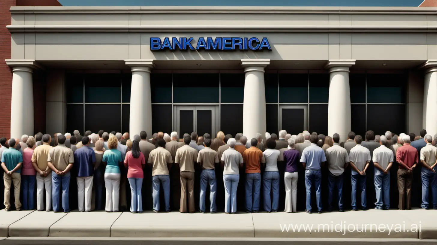 photo realistic image of 50 people lined up outside a bank in america