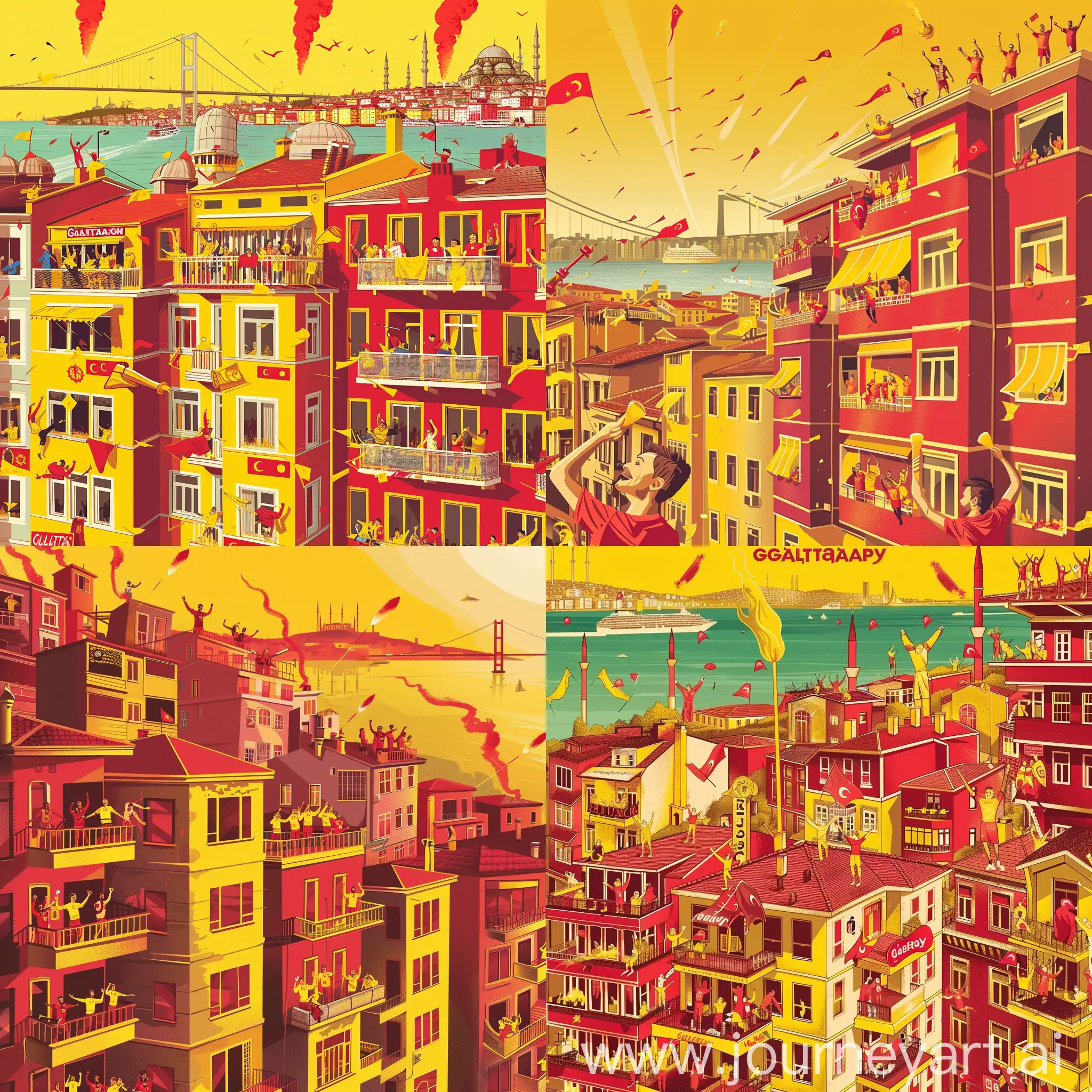 Galatasaray championship poster illustration, Yellow-Red predominantly buildings and fans, celebrating from balconies, Bosphorus in the background, Galatasaray fans, yellow torch, red torch and yellow-red colors
