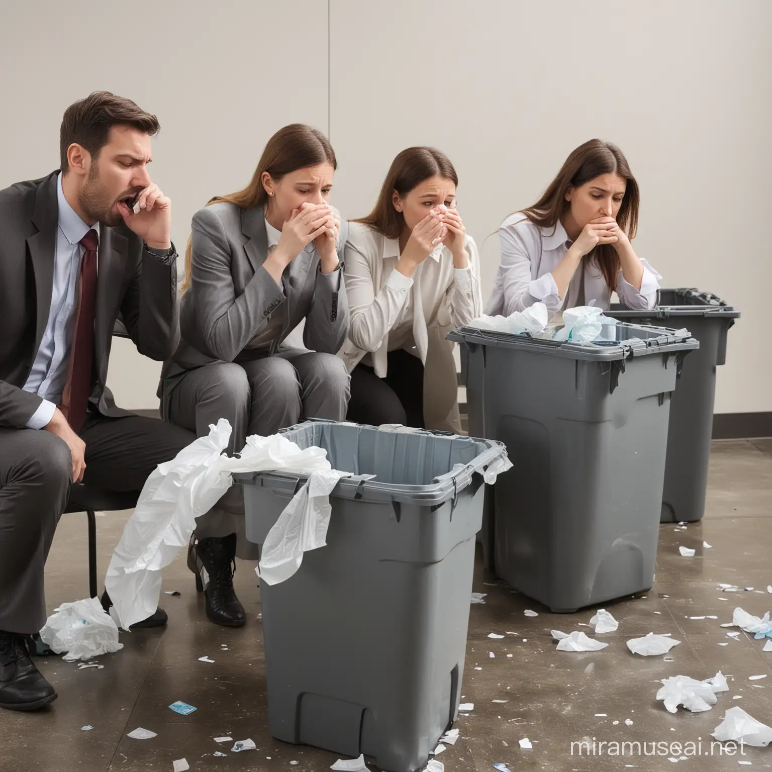 several office employees leaning head into office garbage cans vomiting