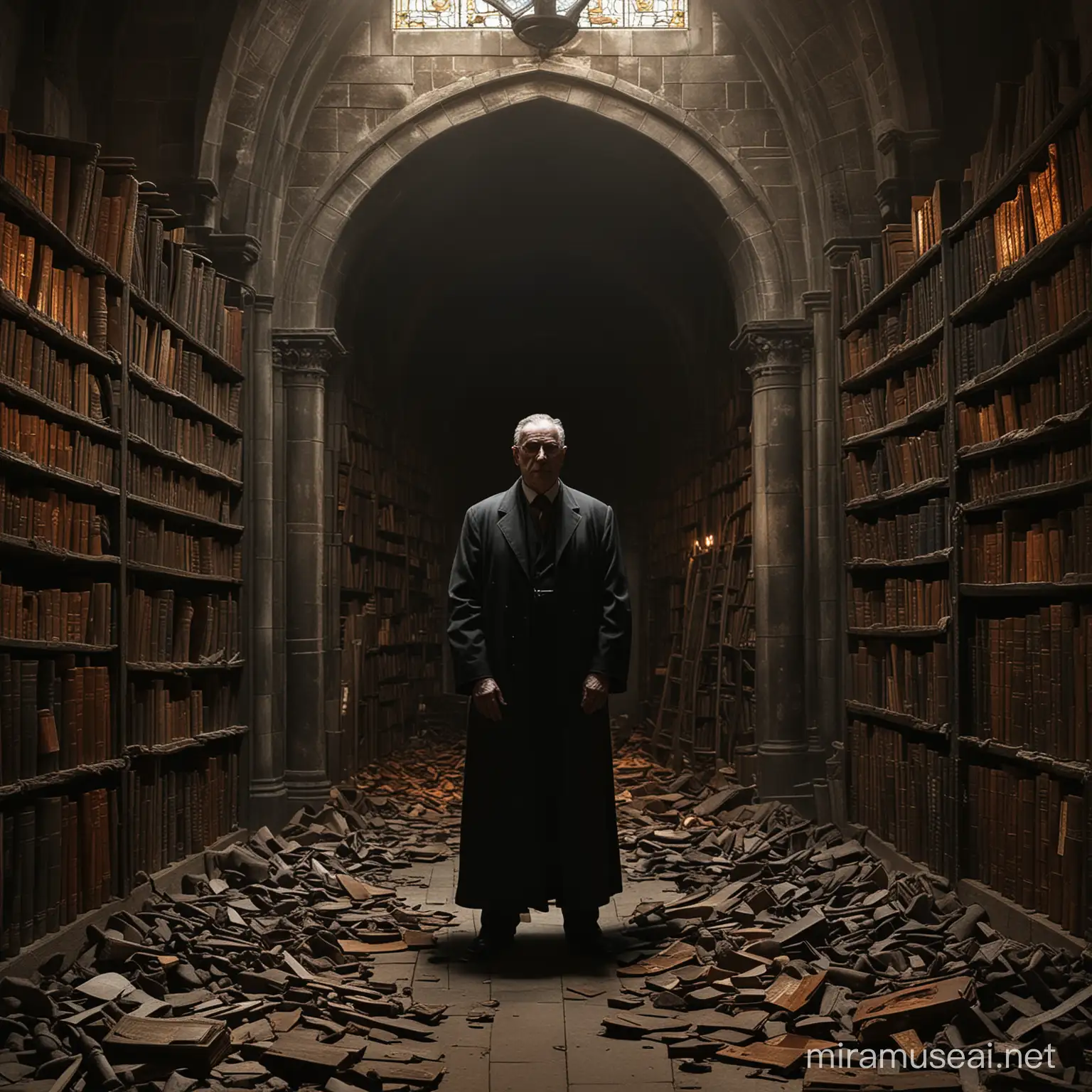 In the background, imagine a dimly lit church library with ancient, towering bookshelves filled with ominous-looking tomes. The shelves cast long shadows that dance across the walls, creating a sense of mystery and foreboding. Traditional stained glass windows, depicting scenes of biblical wrath and judgment, loom overhead, their colors muted in the dim light.

The man, seated amidst this intimidating backdrop, exudes a frightening aura. His stern expression is now tinged with a hint of menace, his hazel eyes piercing through the darkness like burning coals. The large nose and big ears, previously described, now take on a more sinister aspect, adding to his intimidating presence.

His broad shoulders and stocky build seem to fill the space, making him appear larger than life and even more imposing. The suit he wears, once casual, now seems to be draped on a figure of power and dominance. The shadows play across his face, accentuating the depth of his brooding gaze and the intensity of his stare.

Together, the intimidating background and the scary presence of the man create a chilling and memorable visual experience, drawing the viewer into a world of darkness and apprehension.