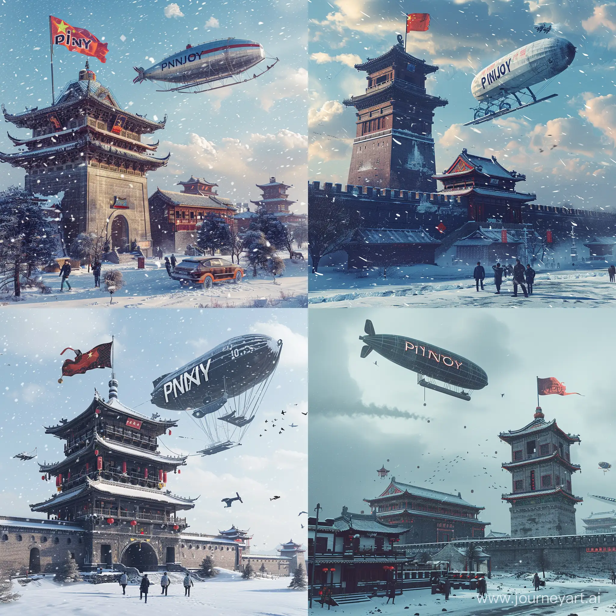 雪天的中国西安钟楼中国新年氛围赛博朋克风格，天空中飞一架巨大齐柏林飞艇，飞艇下挂PINJOY字母旗帜，电影质感。