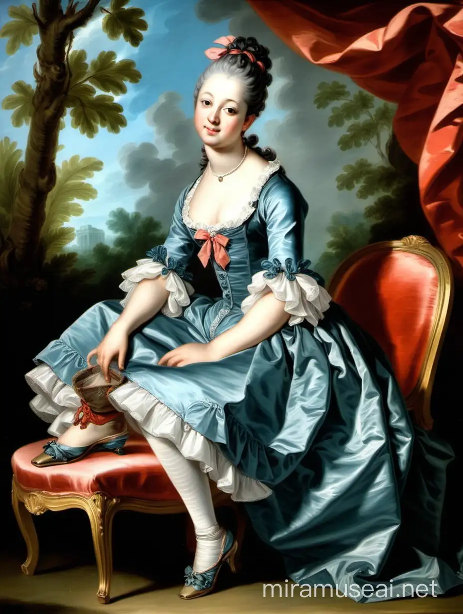 Portrait painting of a  young lady sitting. by Francois Boucher. Full body. --v5
