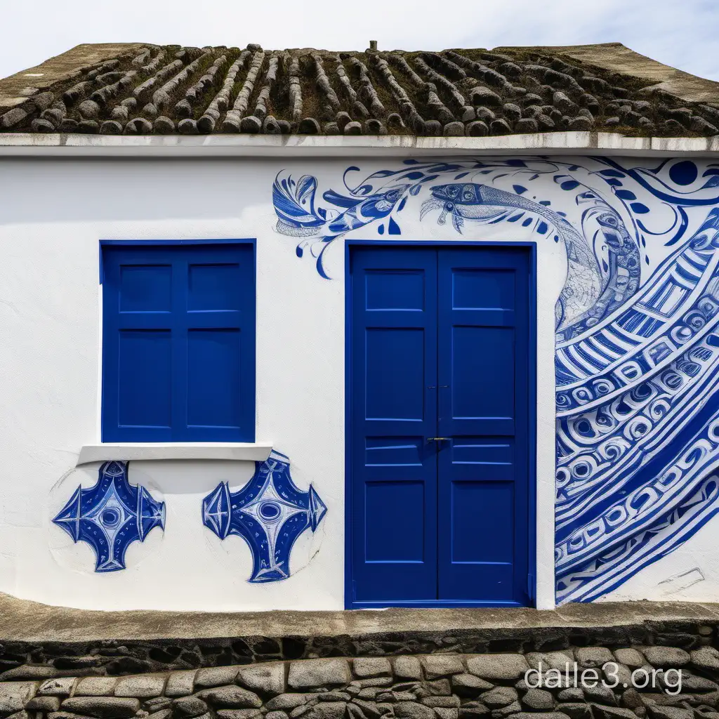 Cobalt blue and white Azorean culture street art on side wall on a stone sea cottage