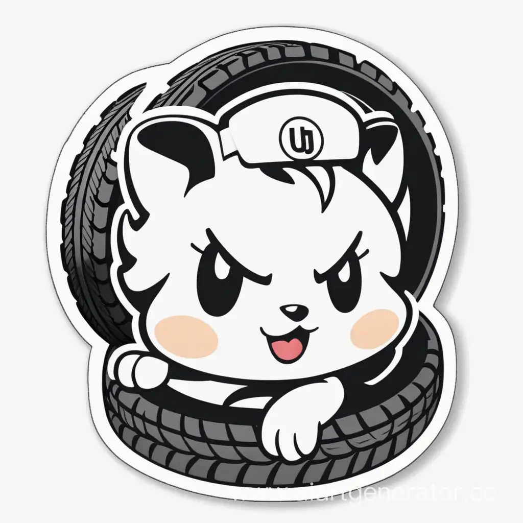 Colorful-Mascot-with-Tire-Stack-Playful-and-Energetic-Sticker-Art