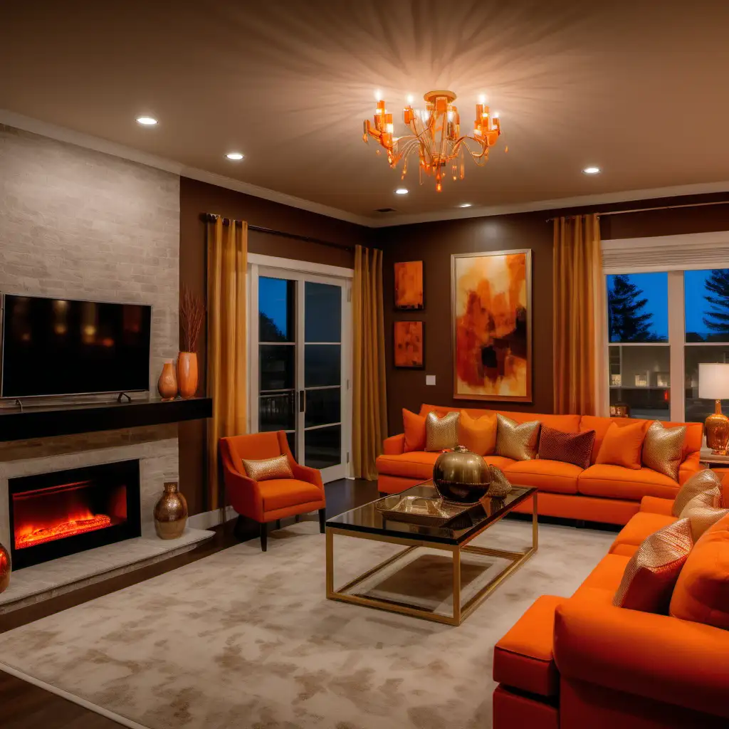 Create a 4k living room with warm lighting and upscale furnishings with a fireplace with open floor plan. Use vibrant colors of orange, brown and soft gold front full view