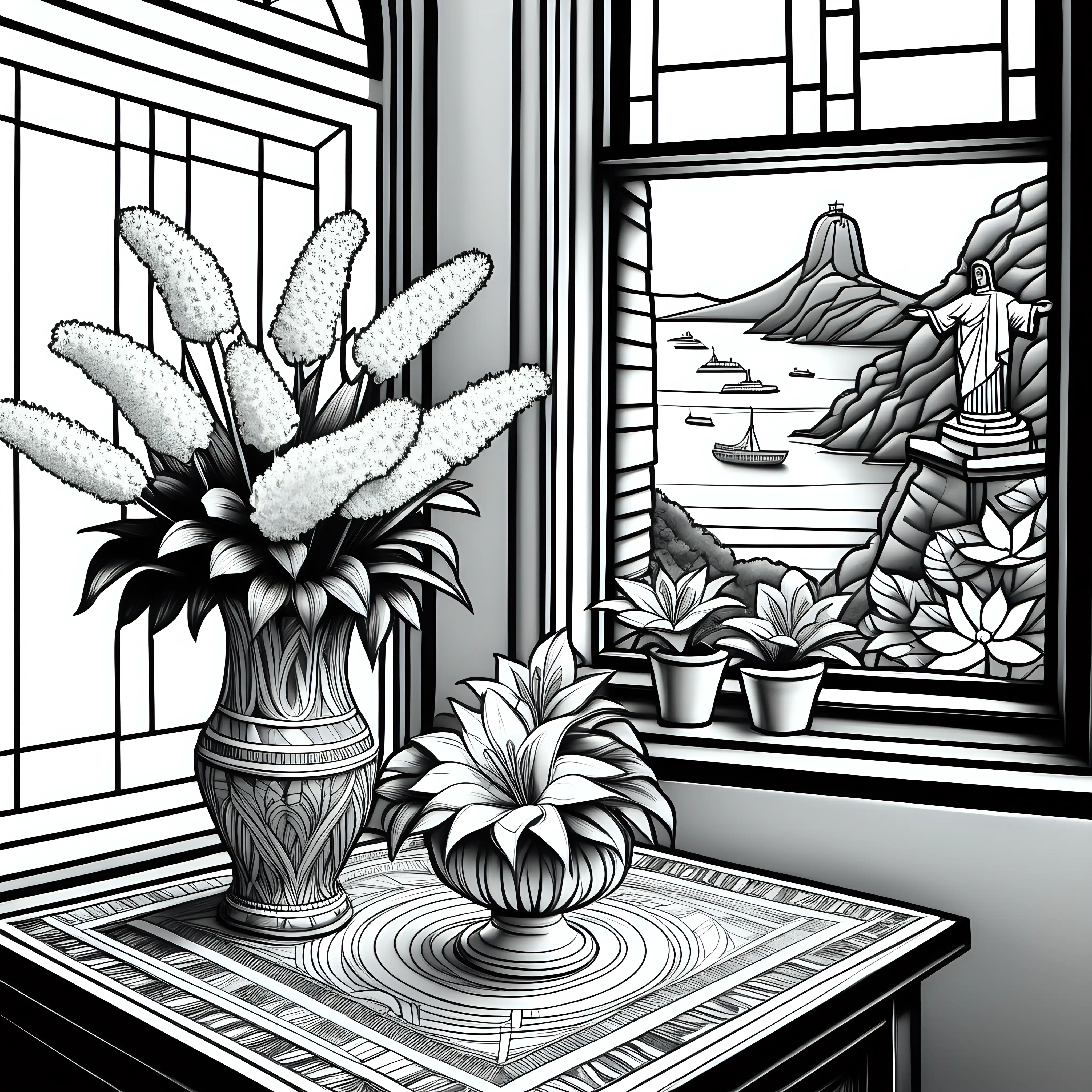 black and white, adult coloring book style drawing, highly detailed, focus on flower arrangements with native brazilian flowers in a typical brazilian vase sitting on a table in front of a corner window, window scene includes a small detailed scene including Christ the Redeemer statue in the distance 