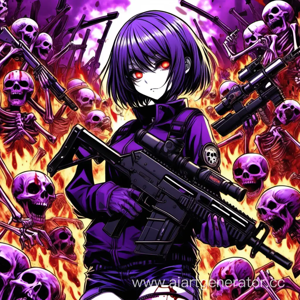 агрессивная аниме девочка убийца в крови, с каре, с пулеметом ПКМ, а сзади нее фиолетовое пламя и скелеты

