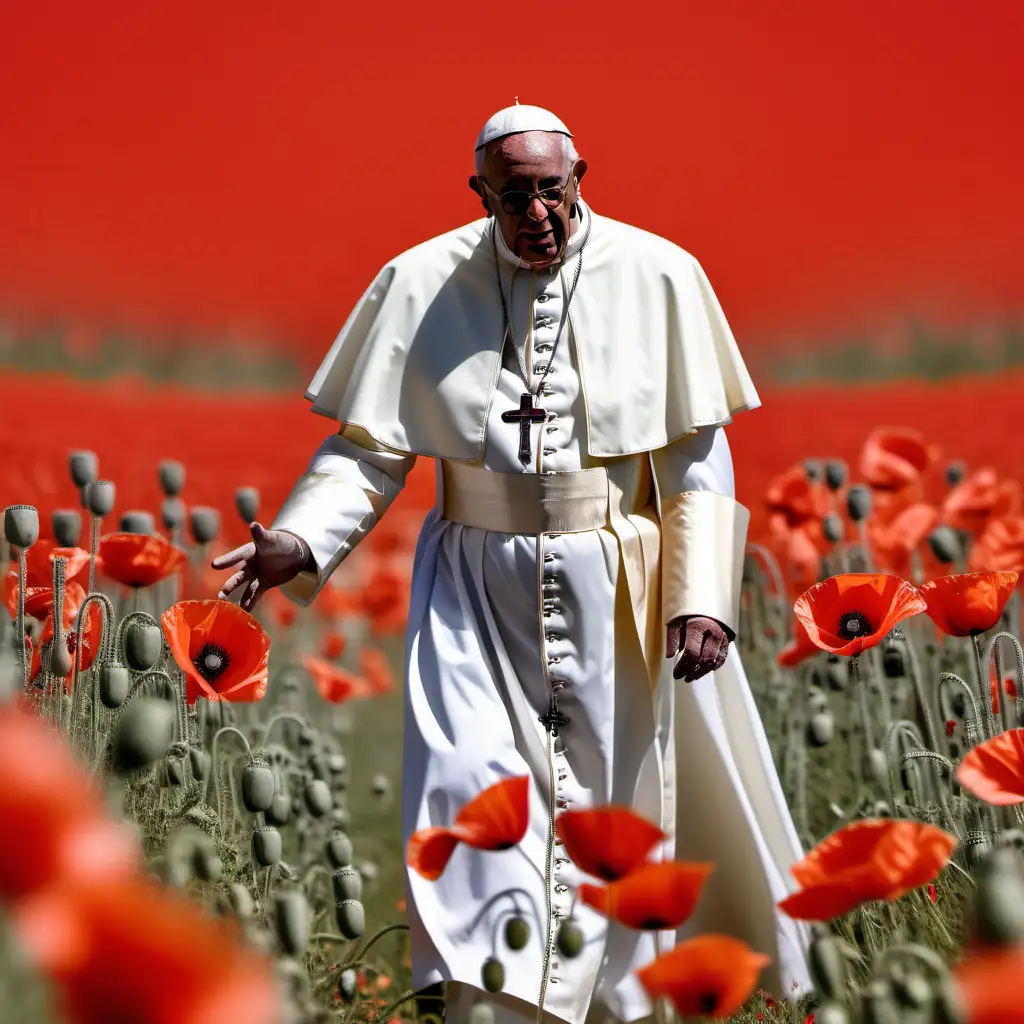 black pope dressed in all white in a poppy field