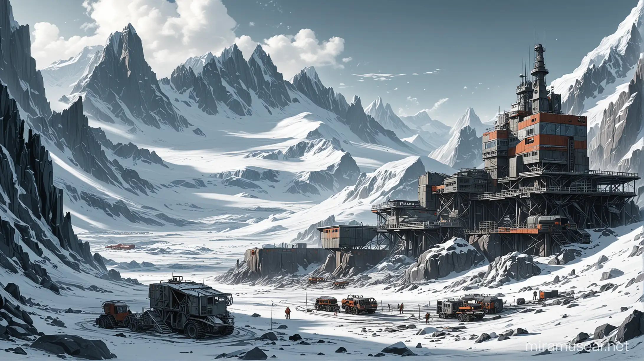 sci fi dystopia antarctic mountains mining station comics style