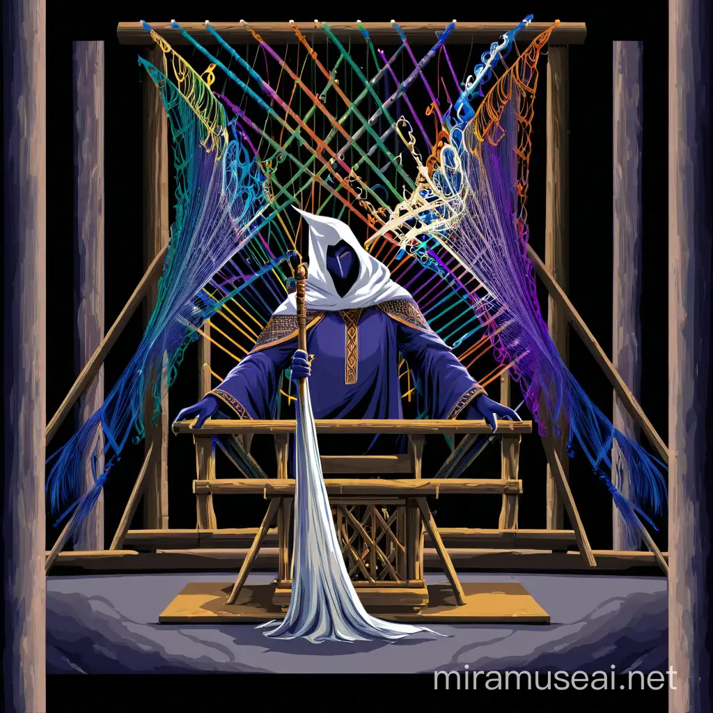 the loom is a musical instrument the white hooded sorcerer plays it with his magic staff. in the room there are four magic swans of various colors