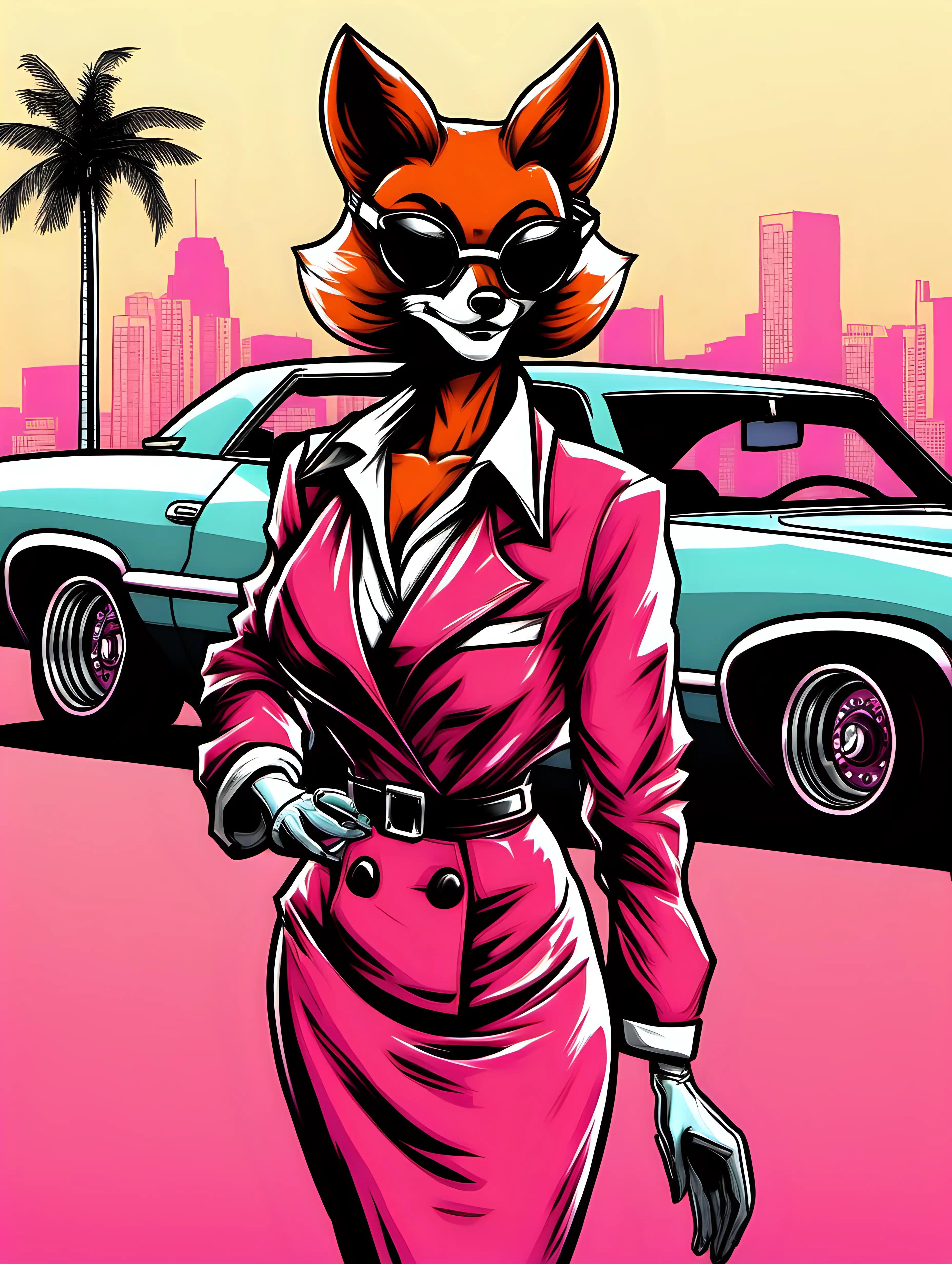 Anthropomorphic Fox Lady in GTA Vice City Retro Style Drawing