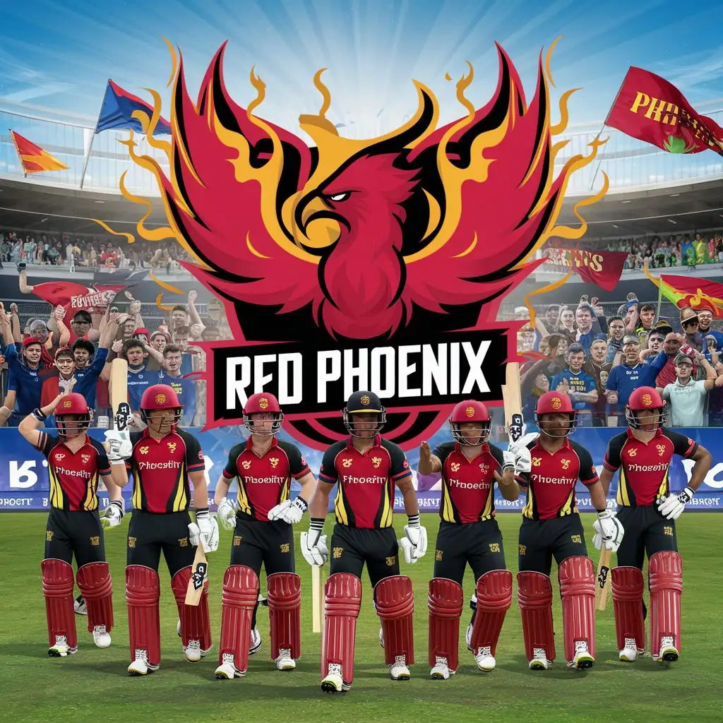 Vibrant-Red-Phoenix-in-a-CricketThemed-Environment