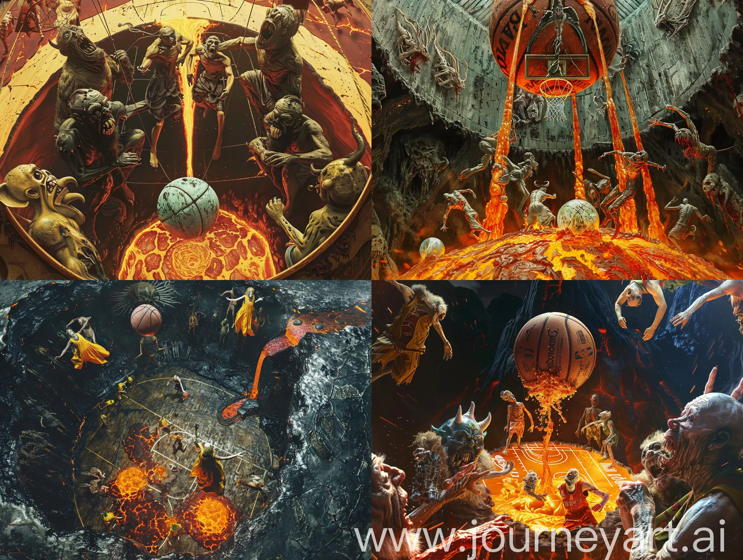 A basketball game with the players who are Hieronymus Bosch's monsters, the playing field is located under the volcano, the lava comes down from the volcano and surrounds the playing field, the ball is a frozen globe. bottom view, hyperrealism, gothic style