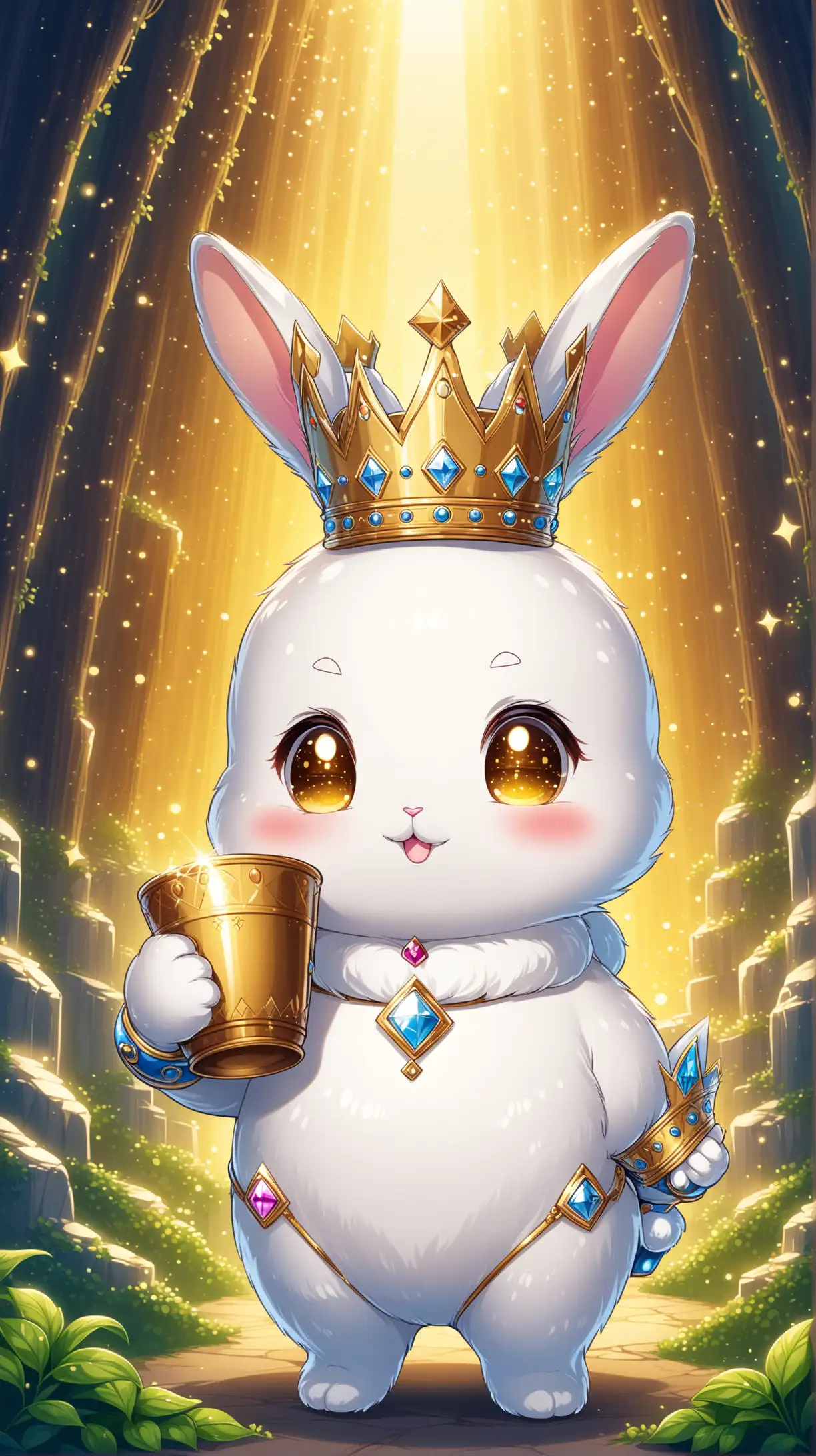 Cute rabbit cartoon character wearing crown, body is made from silver , carrying cup, mysterious background 