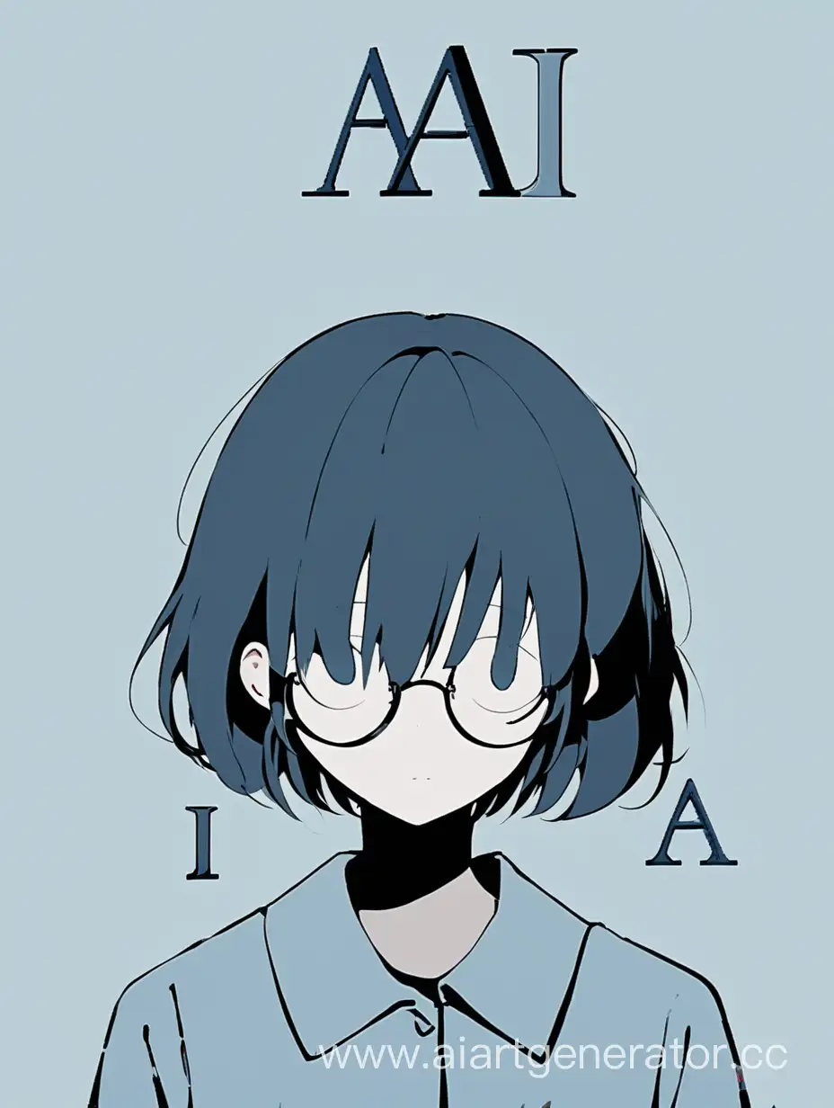 a girl with short black hair, with glasses, instead of the eyes - "AI" letters, made in a minimalist style in muted blue-blue tones