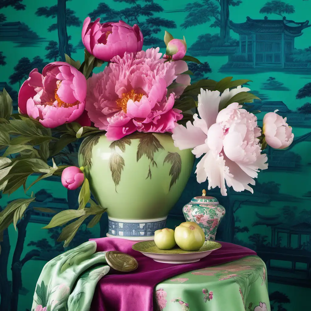 Green chinoiserie wallpaper, a chinoiserie vase off peonies on table, pink velvet drapery, 