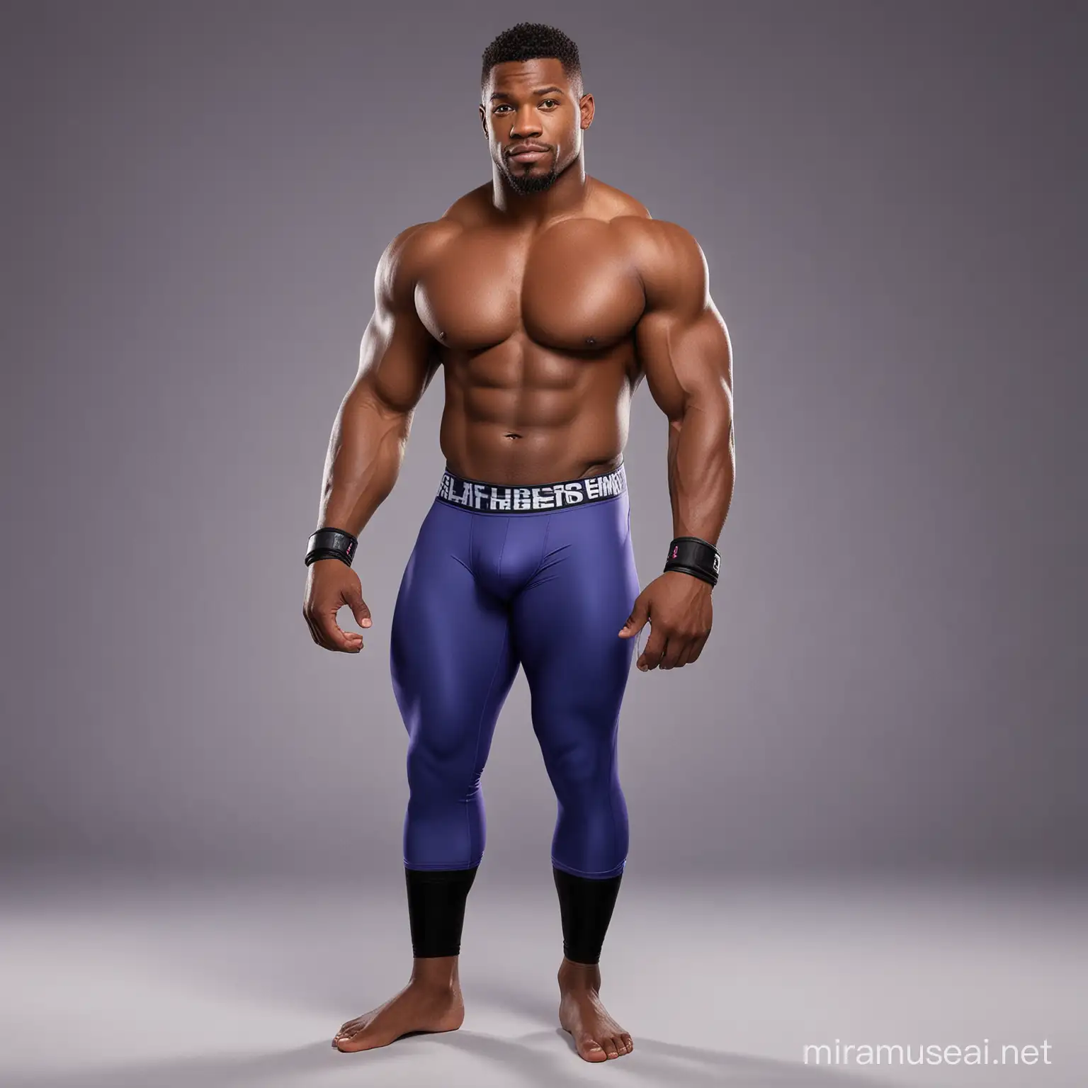 Charming muscular shirtless 30 year old male African American wrestler (reminiscent of Jax Briggs), with brown eyes, wearing long cobalt blue (leaning to purple) and black spandex leggings, plus some wristbands, well defined biceps and chest, in cartoon network style.