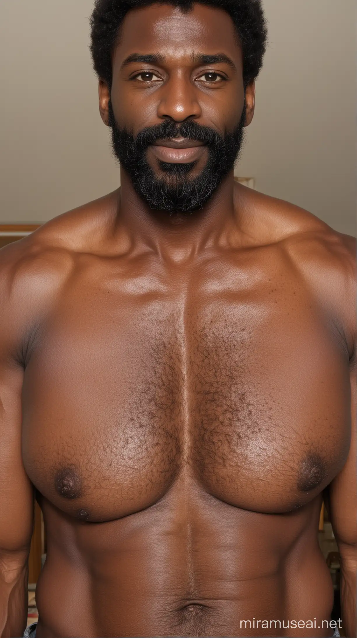 Sexy black mid 40 hairy man with very broad wide nose and hairy chest ,  with so much veins 