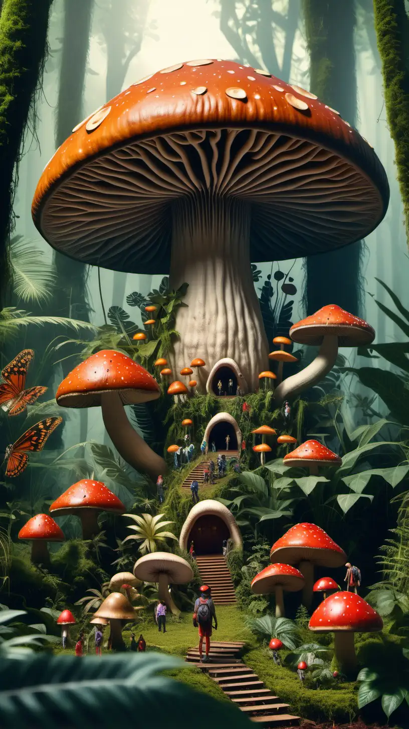 Miniature Explorers in Enchanted Jungle with Giant Mushrooms and Insects