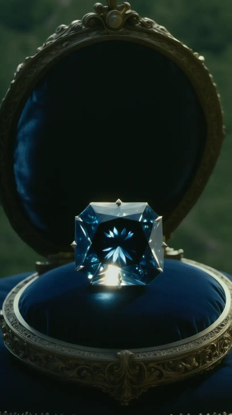 Cinematic portrait of the small Hope Diamond, placed on a pillow, 17th century castle background, ornate, --zoom out 