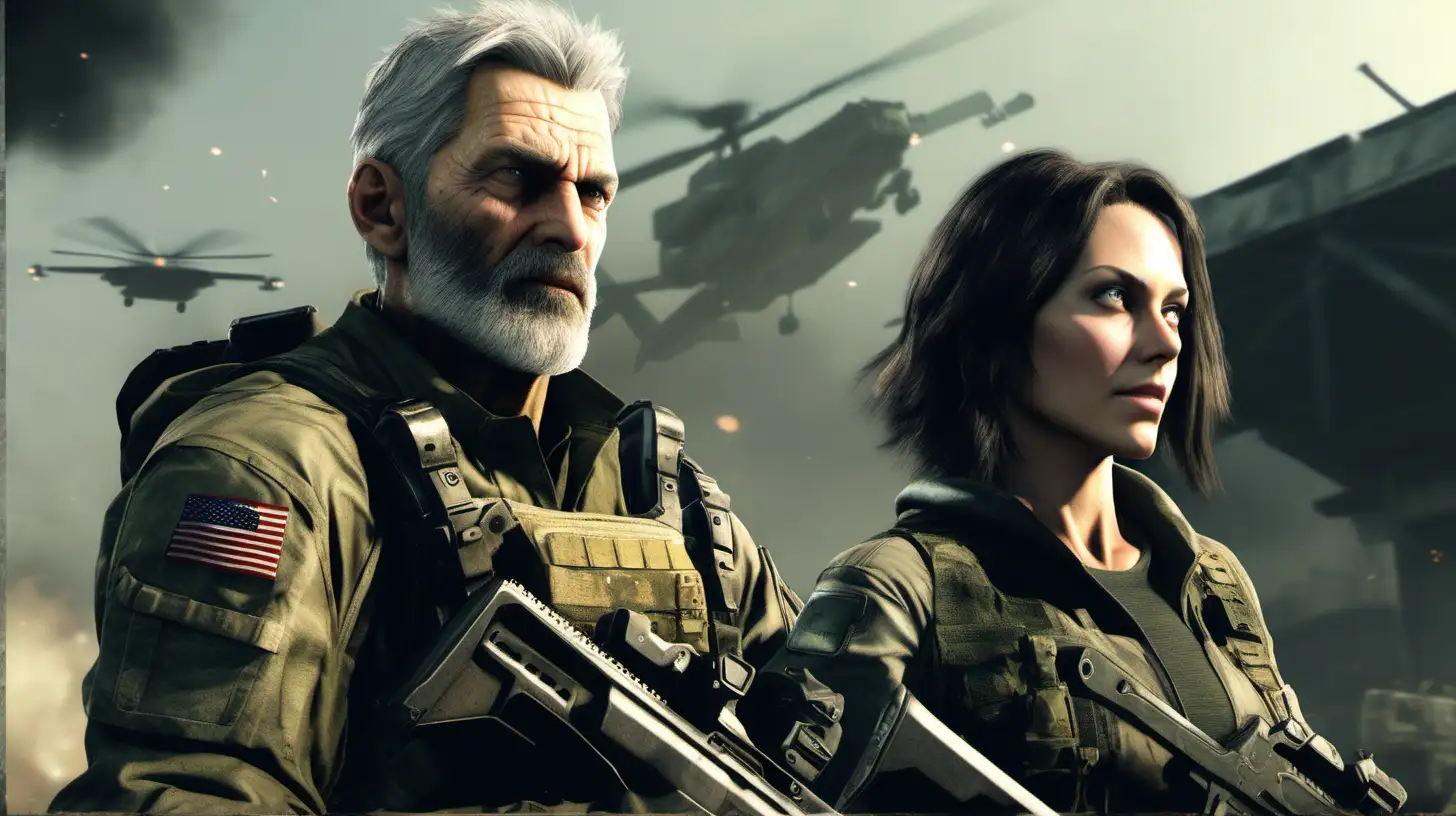 a grey haired man with very short hair and a short grey beard and a brunette woman with long hair in the style of the video game call of duty, in the background a war zone