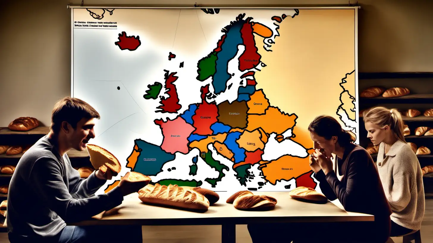 European people eating bread in a room with a map of Europe