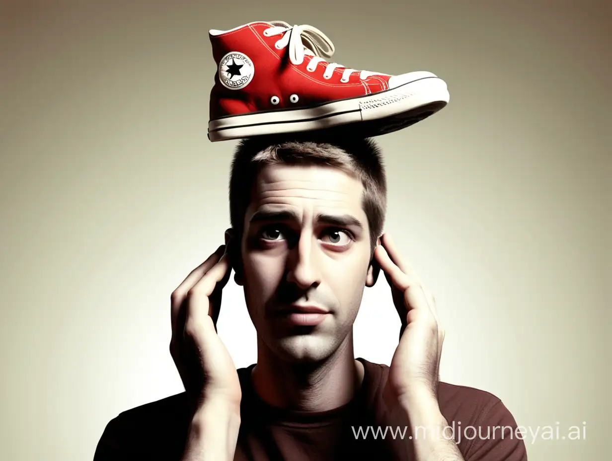 Quirky Fashion Statement Man Balancing a Shoe on His Head