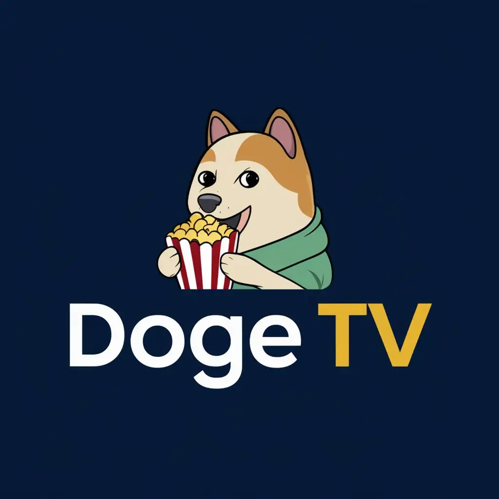 logo, A DRAWING OF A CUTE MEME DOGE EATING POPCORN, with the text "DOGE TV", typography, be used in Entertainment industry