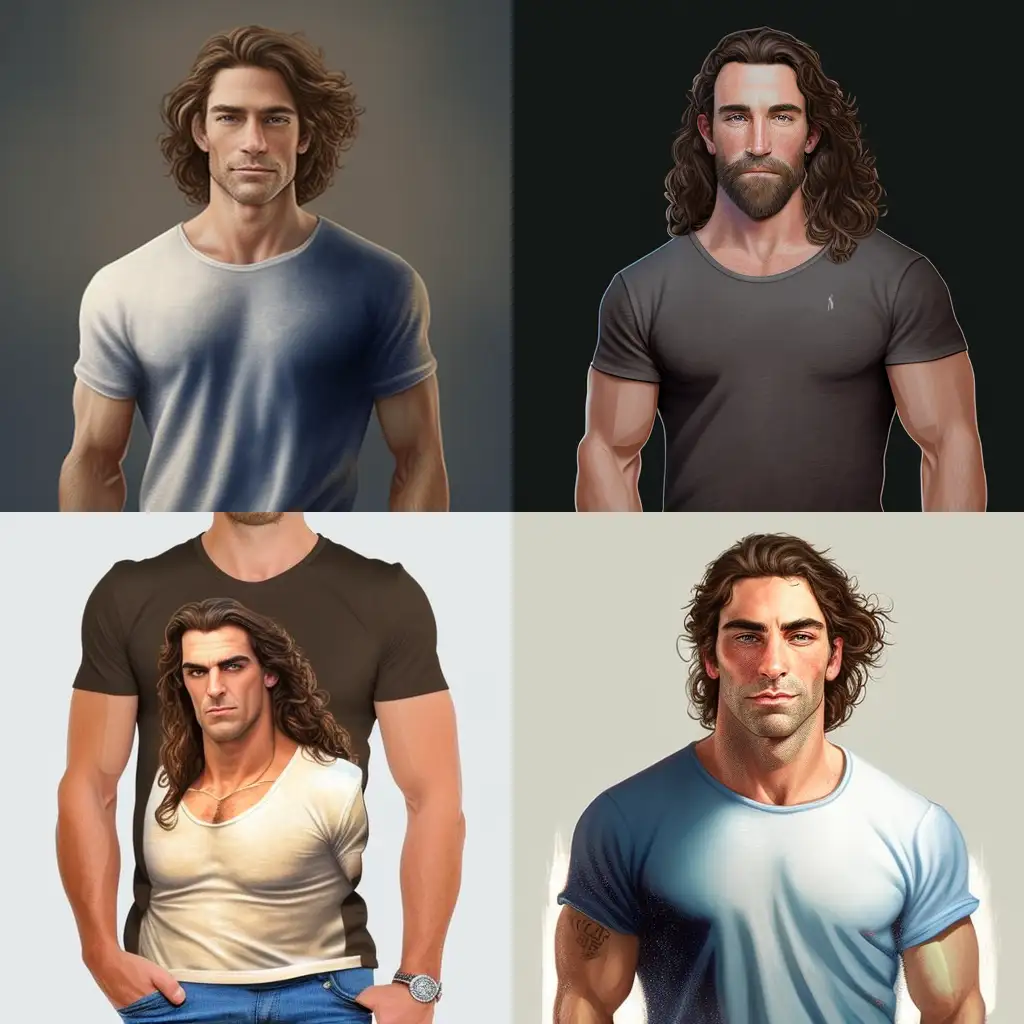 TALL GREEK MAN, AGE 30 - 35, MUSCULAR BUILD, BLUE EYES,MEDIUM LENGTH
 BROWN WAVY HAIR, STANDING, WEARING A T-SHIRT AND JEANS
