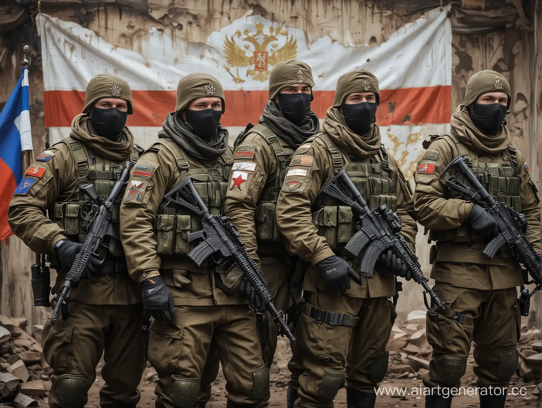 Russian-Soldiers-in-Protective-Military-Gear-with-Flags-and-Weapons