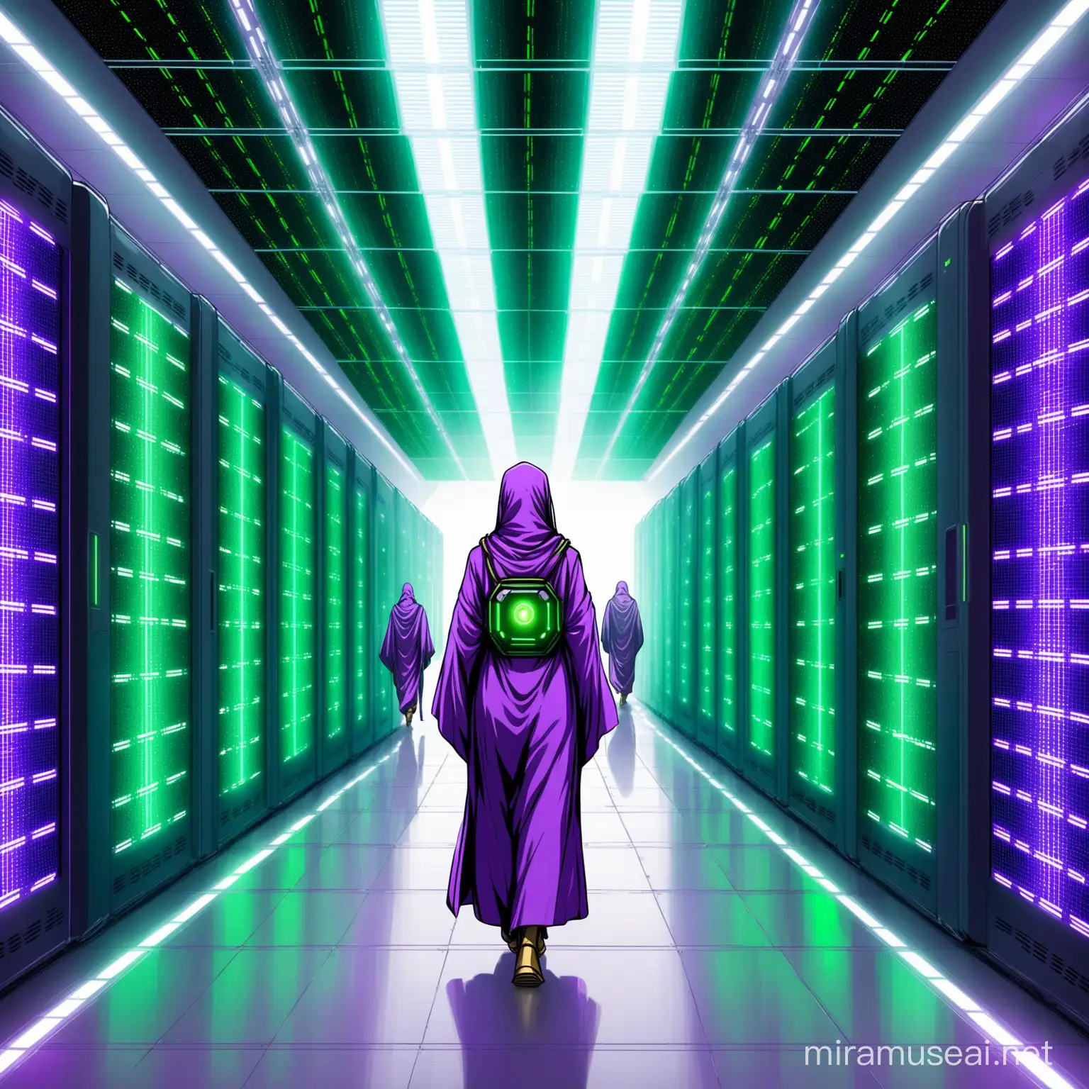 futuristic android human hybrid monks in purple & green robes and long hair walking in a natural solarpunk data center