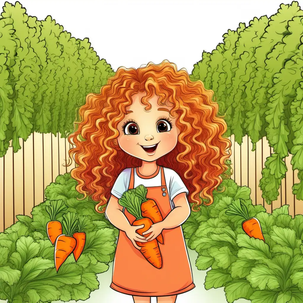 Adorable CurlyHaired Girl Cultivating Carrots in a Cartoon Summer Garden