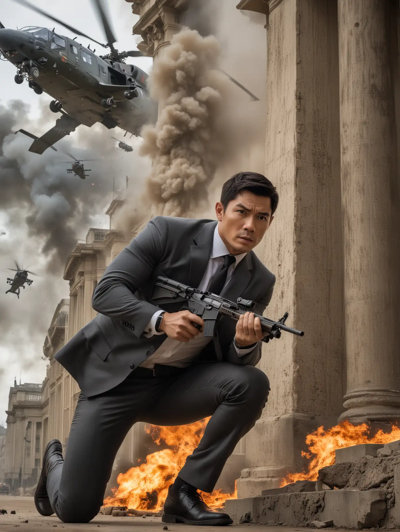 Henry Golding as james bond holding a pistol in a movie poster crouching and taking cover behind a pillar as a military helicopter fires rapidly at him.