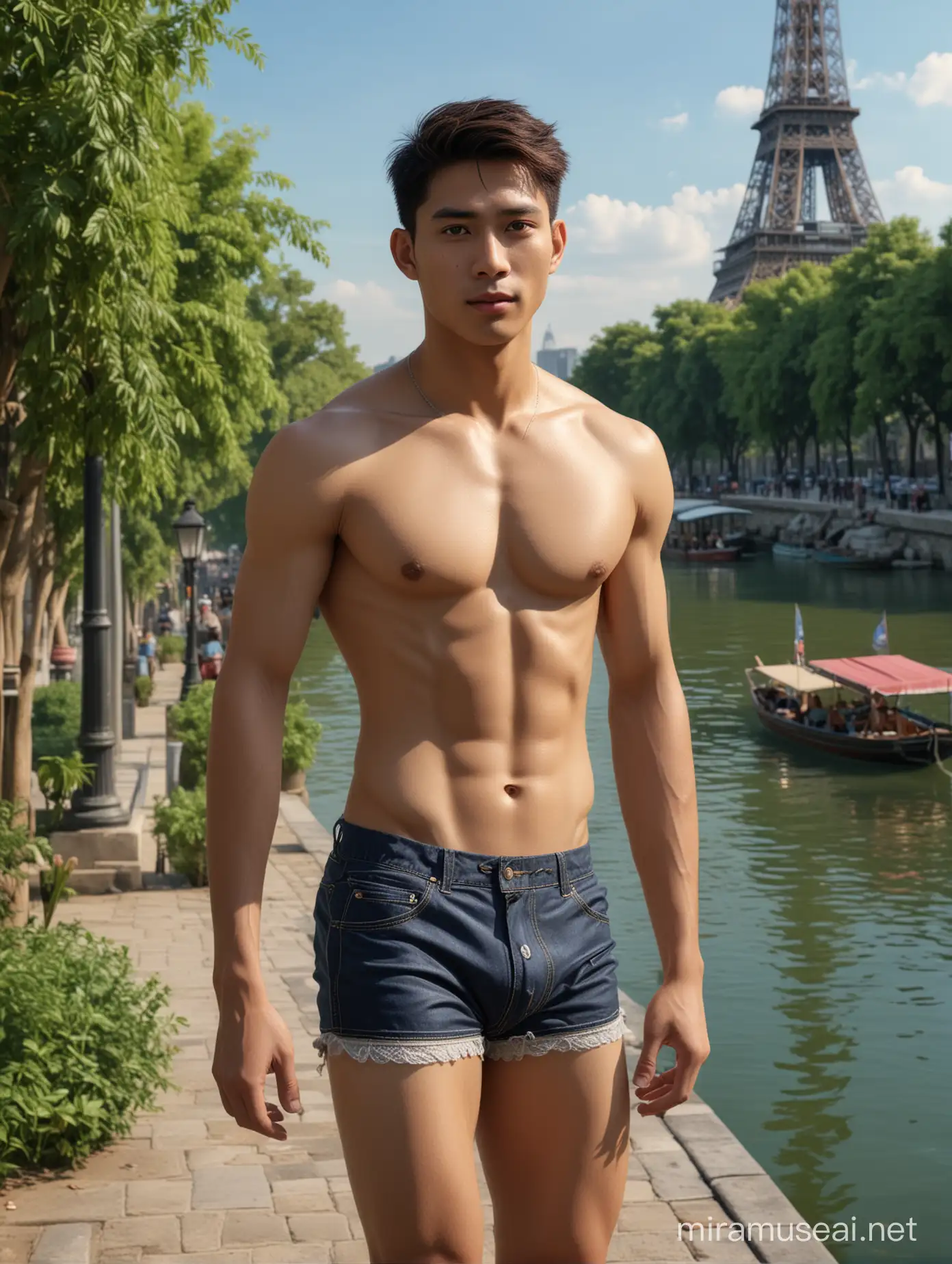 (best quality,4k,8ก,height,Masterpiece:1.2),Very detailed,(realistic,photorealistic,photo-realistic:1.37),Portrait,Thai is handsome and cute, 18 years old, slim body model, sexy men underwear,Walking with black underwear in a eiffel tower,Very detailed face,greenery,Clear blue sky,Light nightlight,There are vendors in the lake in the blurry background.