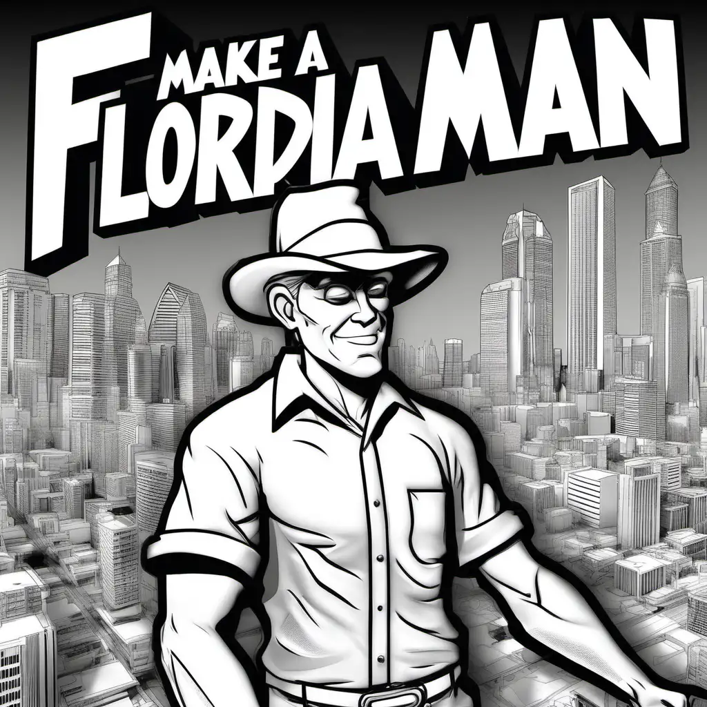 Florida Man Adventures 3D Comic Style Black and White Illustration