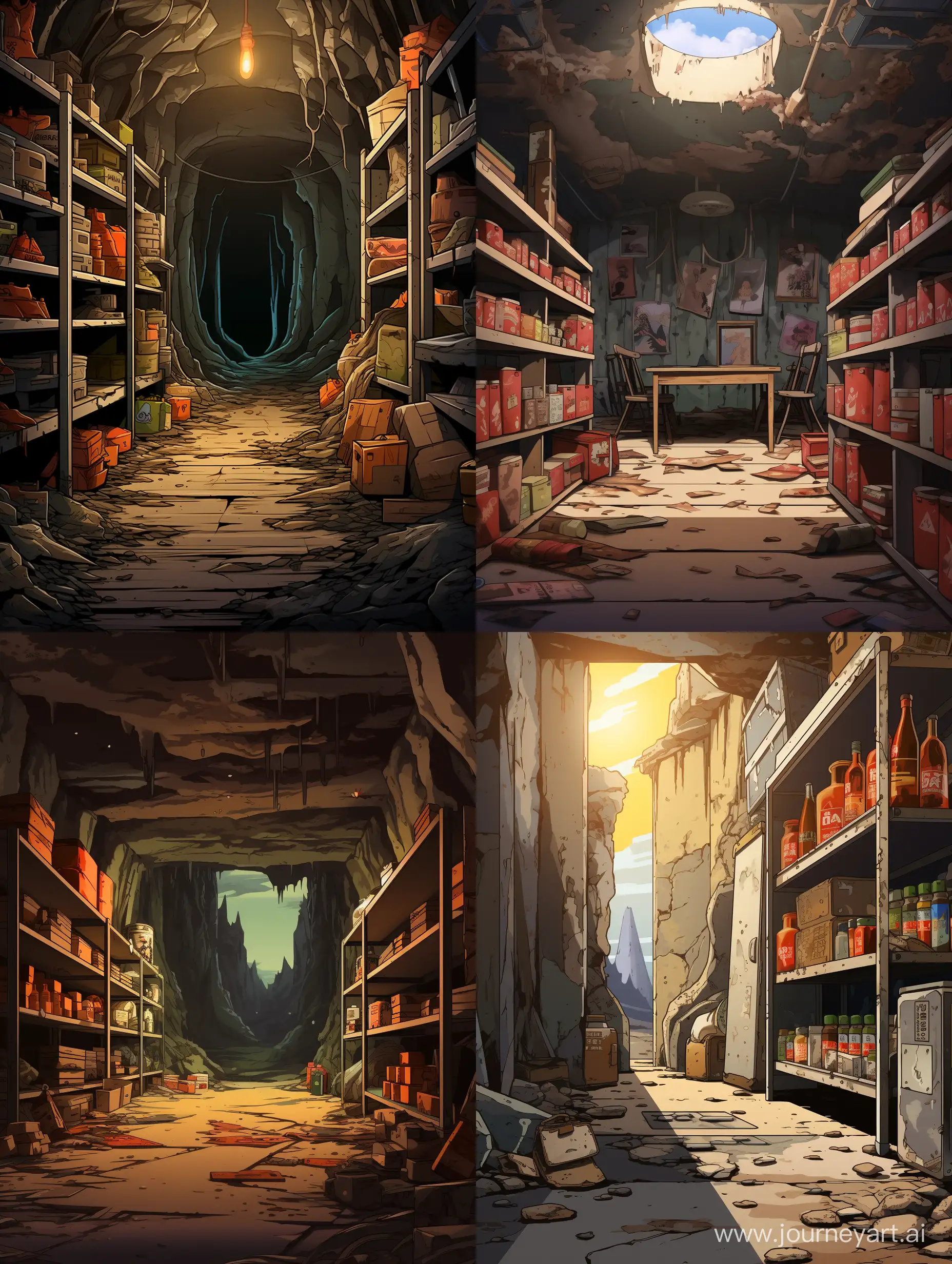 anime style background of a bunker from a nuclear war , shelves with supplies view inside