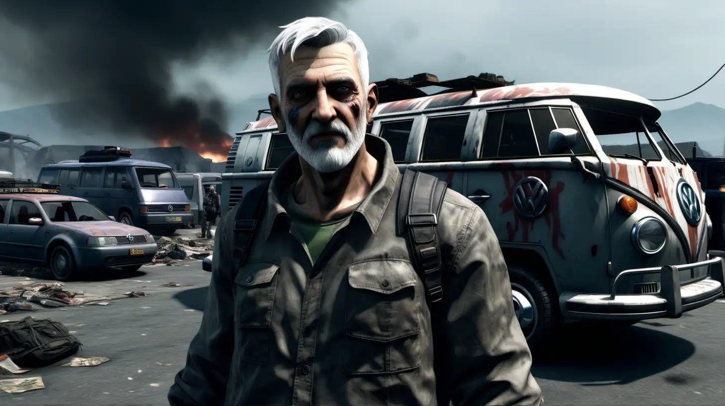 a grey haired man with very short hair and a short grey beard standing next to a Volkswagen bus, in the style of the video game call of duty, in the background an apocalypse, only 2 people in the image