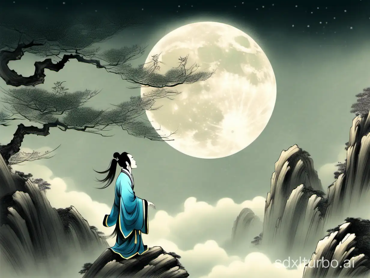 Ancient Chinese poet looks up at the moon