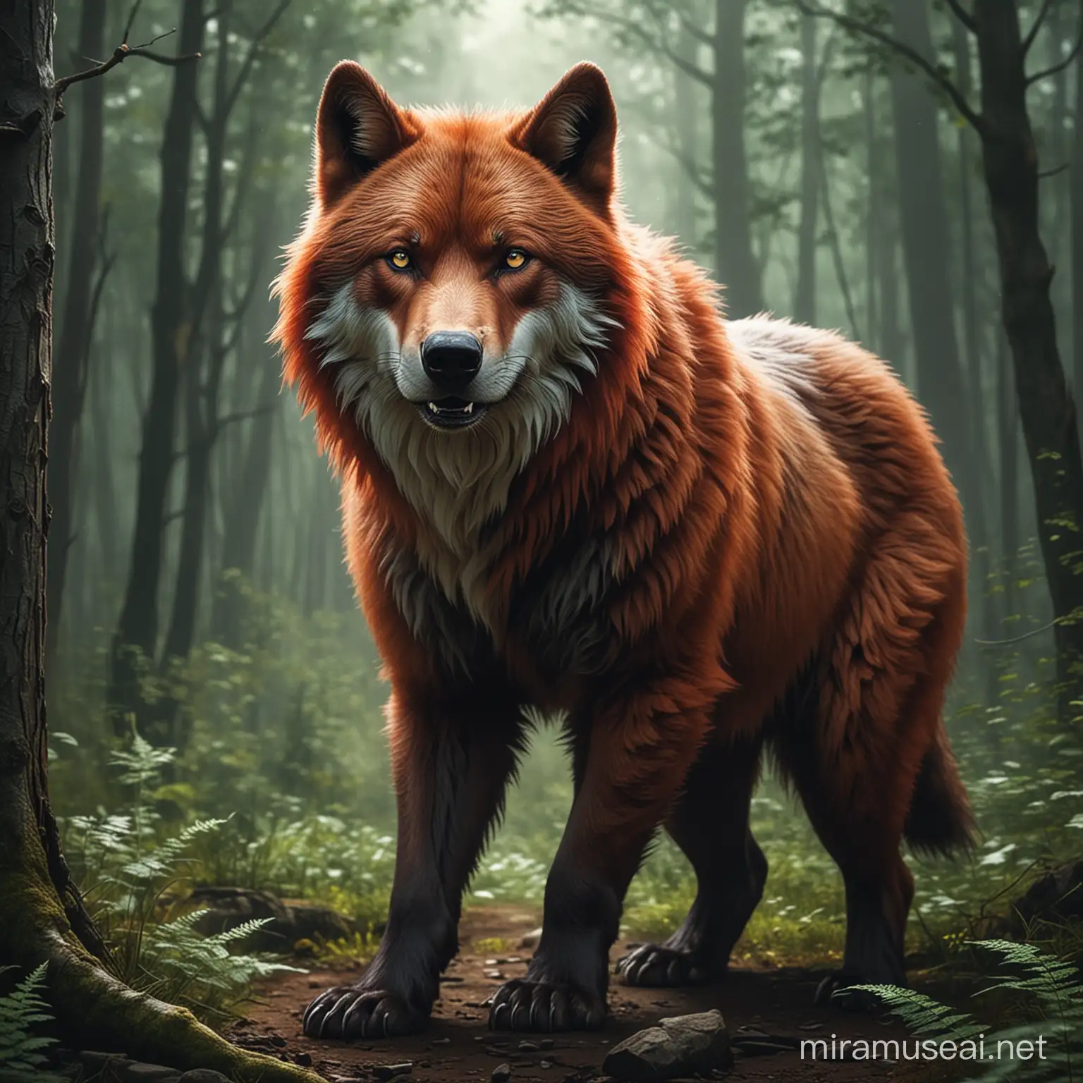 Create an image of a Dire Wolf. The Bear should look fierce, with red fur like a fox with a white chest and green eyes.
The bear must not be in humanoid form. He must be a normal animal.